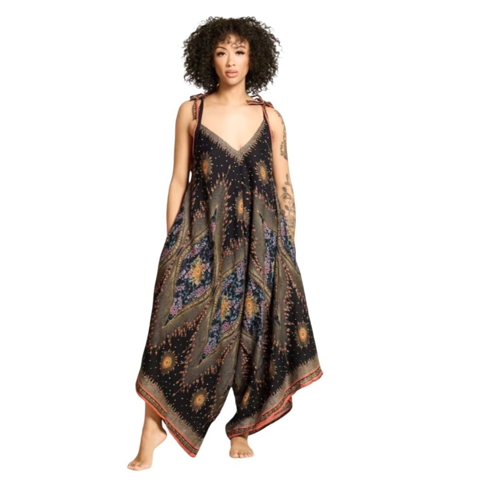 Belma Harem Jumpsuit Boho Patchwork Tie Shoulder, Womens OS Black‎